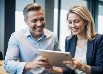 people working together Business colleagues sharing a laugh over a tablet. Male executive and young blond female employee banner.
