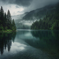 Photorealistic Image of a Serene lake with rain softly falling on its Surface, against the misty mountains landscape covered in trees with a overcast sky
