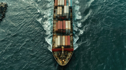 Drone View of a Container Ship Packed with Cargo Traversing the Sea