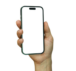 Male hand holding mobile smartphone with blank transparent screen and background - PNG file.