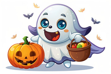 Naklejka premium Adorable ghost character holding a pumpkin and candy basket with bats flying around on a white background.