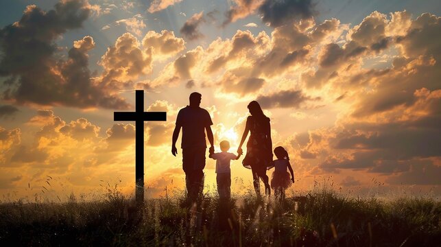 Family silhouette walking towards cross at sunset symbolizing faith and unity. Concept Family Portraits, Silhouette Photography, Sunset backdrop, Symbolic Imagery, Unity and Faith