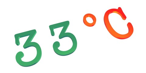 Numeral thirty three with a green Celsius degree sign on a white background isolate. Temperature, weather, thermometer.