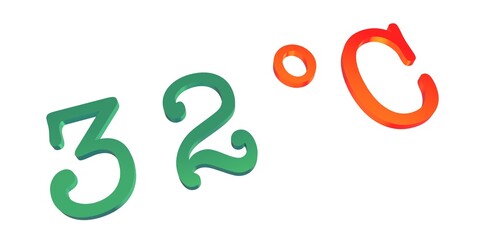 Numeral thirty two with a green Celsius degree sign on a white background isolate. Temperature, weather, thermometer.