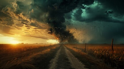 A dramatic apocalyptic scene with a massive tornado engulfing the horizon, set against a stormy sky with lightning, portraying nature's fierce power.