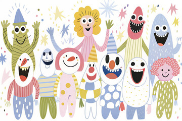 Cheerful and colorful illustration of various playful characters with stars and confetti on a white background.