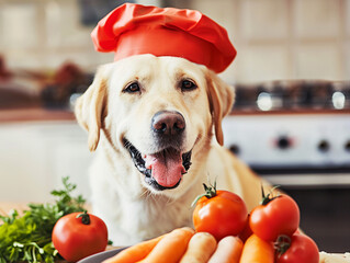 Labrador dog wearing a chef's hat in the kitchen. Artificial intelligence. 