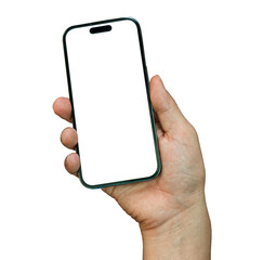 Male hand holding mobile smartphone with blank transparent screen and background - PNG file.