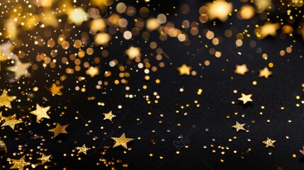 Elegant gold confetti backdrop with stars and circles on a stylish black background