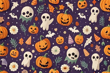 Playful black cats, jack-o'-lanterns, and magical elements on a purple background, creating a whimsical Halloween pattern.