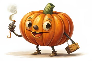Obraz premium A cheerful pumpkin character with a mustache, smoking a pipe, creating a whimsical Halloween illustration.