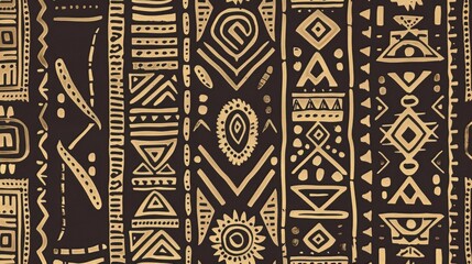 Rustic tribal wallpaper with handdrawn lines and traditional symbols in deep brown and beige tones The design evokes a sense of ancient craftsmanship and organic beauty