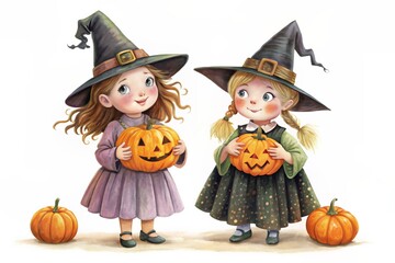 Fototapeta premium Two little girls dressed as witches with pumpkins, enjoying Halloween together.