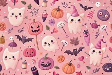 Cute and playful Halloween pattern with smiling ghosts, pumpkins, and candy on a pink background.
