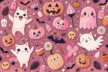 Cute and playful Halloween pattern with smiling ghosts, pumpkins, and candy on a pink background.