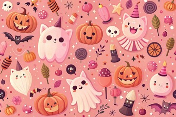 Cute and playful Halloween pattern with smiling ghosts, pumpkins, and candy on a pink background.