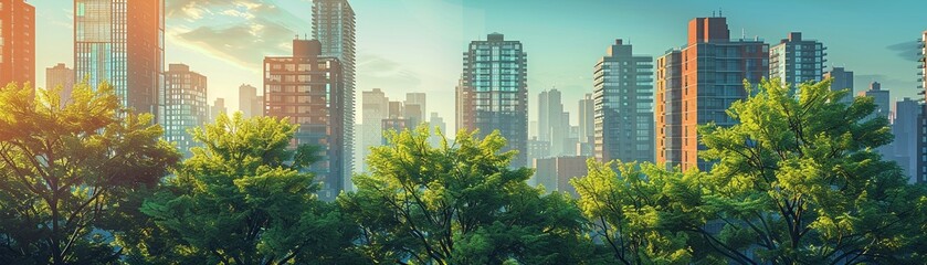 Obraz premium Urban landscape with a lush row of trees, capturing the blend of nature and city life, Modern, Digital Art, Bright Greens, Detailed 8K , high-resolution, ultra HD,up32K HD