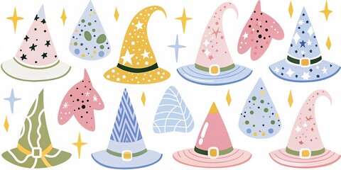 Whimsical Halloween-themed illustration featuring witch hats, pumpkins, ghosts, and other spooky elements.