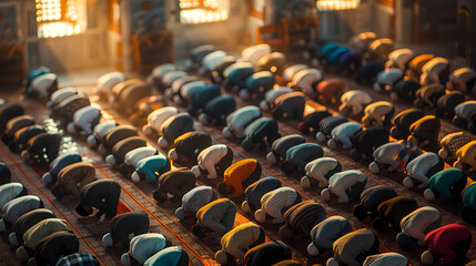 Obraz premium A miniature, tilt-shift view of large group of muslims are praying in mosque together