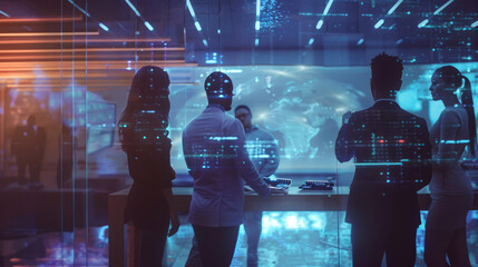 Multiethnic business team stand with back collaborating on a holographic presentation in a modern office, futuristic, high-tech gadgets, digital overlay 