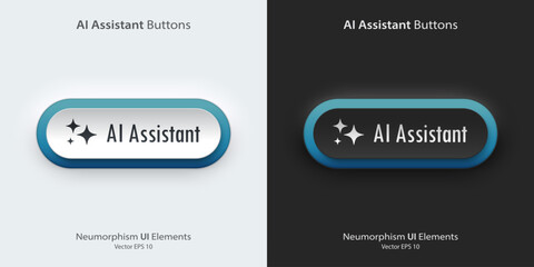 AI Assistant sign. A set of black and white buttons with AI assistant symbols. Icon in trendy neumorphic style. 3D Neumorphism design style for Apps, Websites, Interfaces, and mobile app. UI Ux.