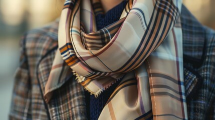 A fashionable scarf, tied in a sophisticated knot, accentuating a business professional's look.