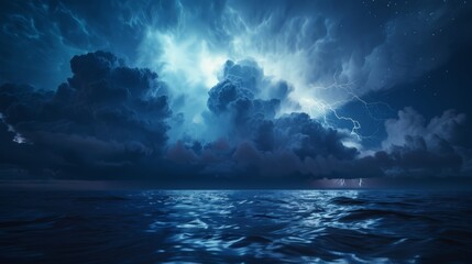 A fierce storm brews over the ocean, lightning illuminating the dark clouds.