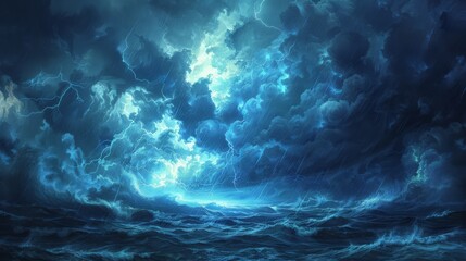 Fototapeta premium A fierce storm brews over the ocean, lightning illuminating the dark clouds.