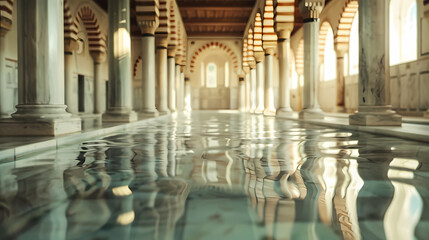 Fototapeta premium A long hallway with pillars and a large pool of water