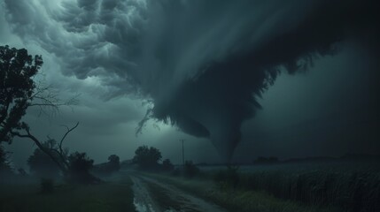 A funnel cloud forms, signaling the imminent arrival of a tornado, darkening the horizon.