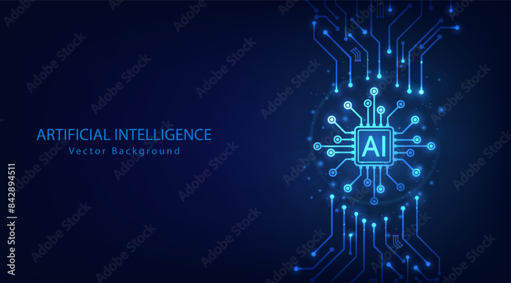Poster AI chipset on circuit board. Artificial intelligence abstract background. Futuristic technology concept Artificial intelligence. Machine learning and Digital technology design. Vector illustration.
