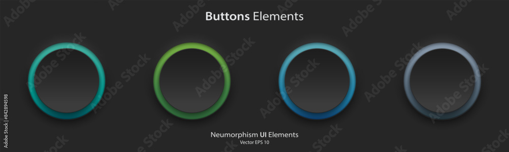 Aufkleber A set of black blank round buttons with light neon colorful. 3D Neumorphism buttons design style for Apps, Websites, Interfaces, and mobile apps. UI UX. Vector illustration.