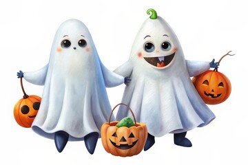 Obraz premium Three cute ghosts holding jack-o'-lanterns, ready for Halloween.