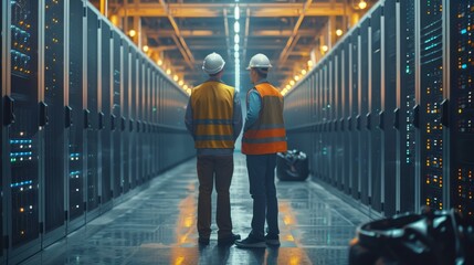 Obraz premium Two technicians in safety vests and hard hats inspect servers in a modern data center with glowing lights. Saver it digital