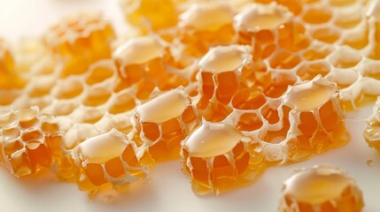 Closeup of natural honeycomb with fresh golden honey for organic food promotion