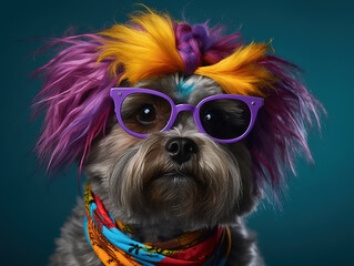 Small, Cool And Funny Terrier Dog With Red Hair, Dressed Like A Punk