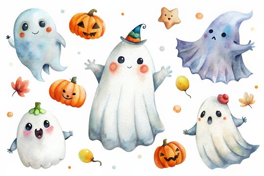Adorable ghosts and jack-o'-lanterns in a colorful Halloween-themed illustration.