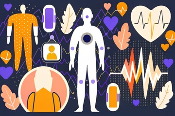 Abstract medical and health-related elements on a dark background, including human figures and heart rate symbols.