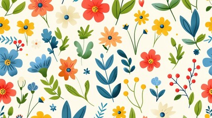 Spring themed Color Seamless Flower Pattern Background with Flat Design