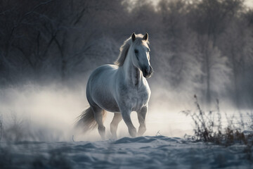 Obraz premium regal horse galloping through a snow-covered landscape, its breath forming misty clouds in the crisp winter air