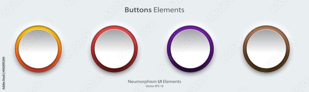 Poster A set of white blank round buttons with light neon colorful. 3D Neumorphism buttons design style for Apps, Websites, Interfaces, and mobile apps. UI UX. Vector illustration.