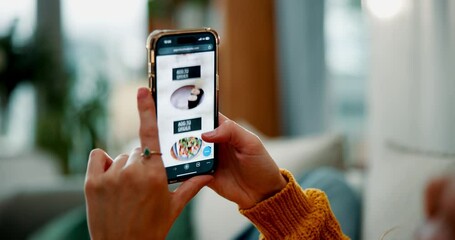 Woman, sofa and phone screen with menu for online shopping, browsing or food in relax at home. Hands of female person or shopper with takeout checklist, website or ecommerce on meal or order at house