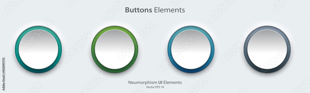 Poster A set of white blank round buttons with light neon colorful. 3D Neumorphism buttons design style for Apps, Websites, Interfaces, and mobile apps. UI UX. Vector illustration.