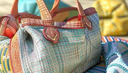 Closeup of a 3D model of a beach bag and towel