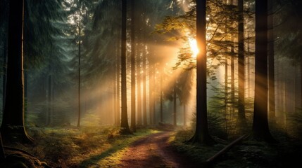 Fototapeta premium Serene forest scene with sunlight breaking through trees, creating a mystical atmosphere on a pathway surrounded by dense, lush greenery.