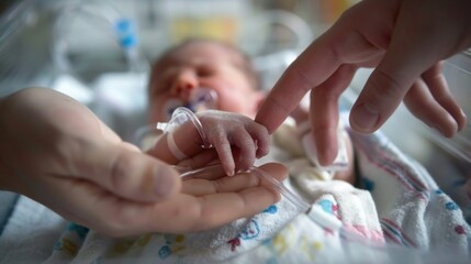 A tender moment of a newborn in an incubator, with tiny hands being gently held by adult fingers, conveying care and connection in a neonatal intensive care unit.