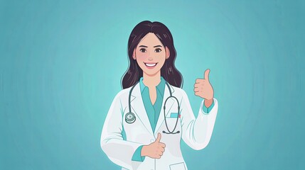 A young smiling doctor shows everything is good by raising a big thumb up. On a neutral background, isolated, illustration