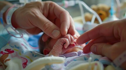 A close-up of a premature baby's hand in an incubator, being touched by caring hands, highlighting the delicate nature of neonatal care in a hospital setting.