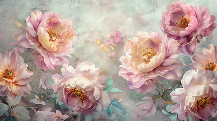 abstract watercolor pink and gold voluminous peonies. floral mural background