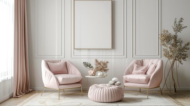 A chic and stylish mockup of a pink-themed living room with two plush chairs, a round coffee table, and decorative elements creating a cozy and inviting space.
